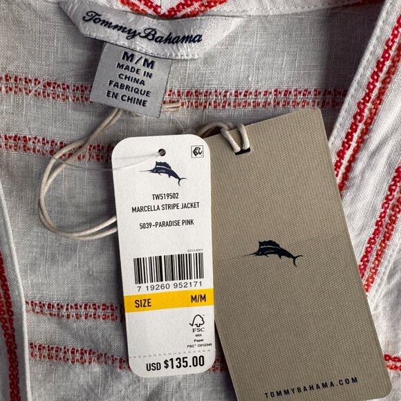 Tommy Bahama Linen Jacket Womens NEW M Marcella Stripe Bell Sleeve Pink‎ - Picture 3 of 7